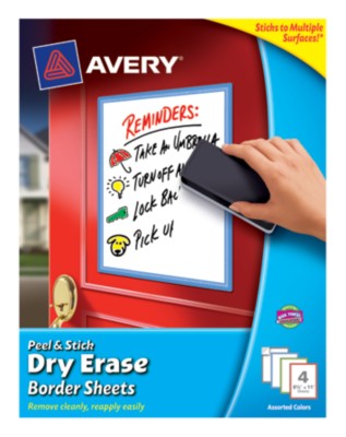 AveryÂ® Dry Erase Decals, Removable, Assorted Colored Borders, 8-1/2" x 11", 1 per sheet, 4 pack 24319