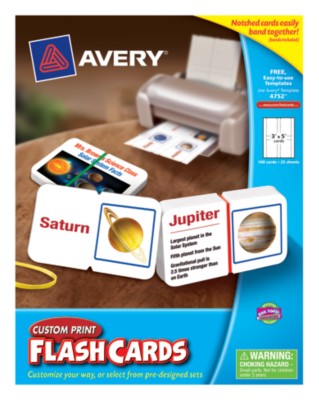 AveryÂ® Custom Print Flash Cards 3"x5",Notched w/Assorted Rubber Bands,White,Laser/IJ,25shts,100pack 4752