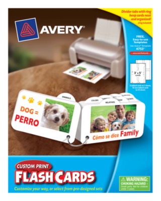 AveryÂ® Custom Print Flash Cards,3" x 5", Tabbed w/Ring, Laser/Ink Jet, White, 25 Sheets, 100 Cards 4753