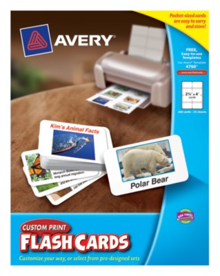 AveryÂ® Custom Print Flash Cards, 2-1/2"x4", White,8 Per Sheet, 25 Sheets, 200 Cards, Laser/Ink Jet 4760