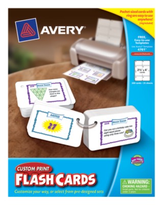 AveryÂ® Custom Print Flash Cards,2-1/2" x 4",Pre-Punched w/ring, 25 Shts, 200 Cards, Laser/Ink Jet 4761