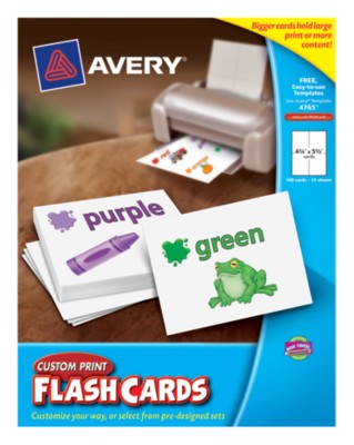 AveryÂ® Custom Print Flash Cards,4-1/4"x5-1/2",White, 4 Per Sheet,25 Sheets,100 Cards,Laser/Ink Jet 4765