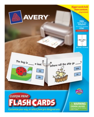 AveryÂ® Custom Print Flash Cards,4-1/4"x5-1/2",Pre-Punched w/Ring,25 Sheets,100 Cards,Laser/Ink Jet 4766