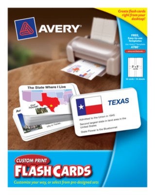 AveryÂ® Custom Print Flash Cards, 3" x 5", White, 4 per sheet, 14 Sheets, 56 Cards, Laser/Ink Jet 4780