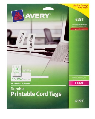 Durable Printable Cord Tag, Easy Peel (R), White, Laser 6591