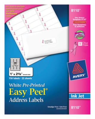 Easy Peel address labels, 30-up, IJ, 25SH, pre-printed with pink ribbon for Breast Cancer Awareness 8110