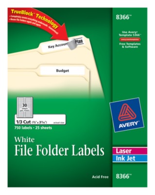 Avery Permanent White File Folder Labels, 25 sheets, 30 up,750 Total 8366