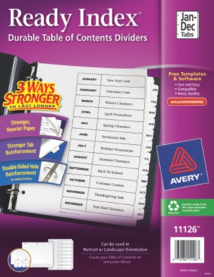 Ready Index Table of Contents Dividers, Jan - Dec 11126