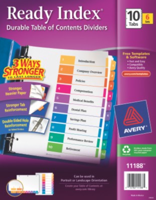 Ready Index Table of Contents Dividers for Laser & Ink Jet Printers 11188