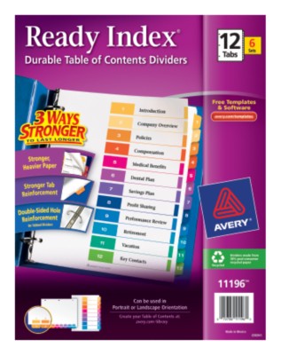 Ready Index Table of Contents Dividers for Laser & Ink Jet Printers 11196