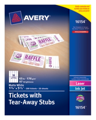 Tickets with Smooth Edges & Stronger Perf at Stub Area, White, 1.75" x 5.5", 20 Sheets, 200 Cards 16154