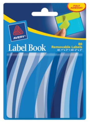 Avery Label Book, Blue Wavy, 80 labels, 40 1"x3" neon blu, 40 2"x3" neon grn, removable 22072