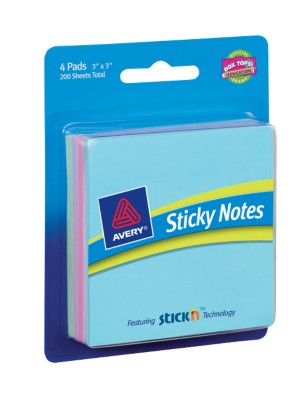 Sticky Notes 3"x3", Assorted Pastel Colors, 4-Pack, 50 Sheets/Pad 22541