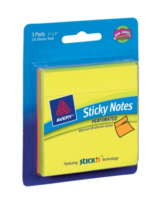 Sticky Notes, Perforated, 3"x3", Citrus Colors, 3-Pack, 45 Sheets/Pad 22552