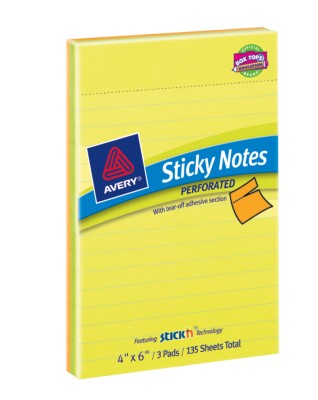 Sticky Notes, Perforated, 4"x6", Citrus Colors, Ruled 3-Pack, 45 Sheets/Pad 22553
