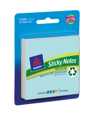 Sticky Notes Recycled, 3"x3", Assorted Pastel Colors, 3-Pack, 50 Sheets/Pad 22555