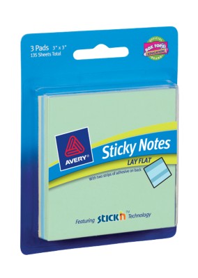 Sticky Notes Lay-Flat, 3"x3", Assorted Pastel Colors, 3-Pack, 45 Sheets/Pad 22579