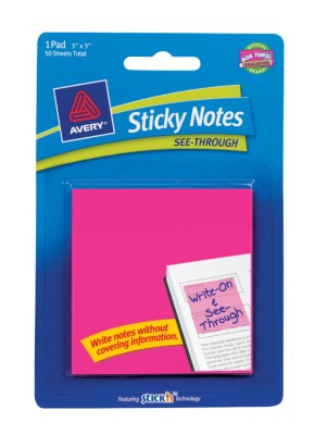 Sticky Notes See-Through Notes, 3"x3", Magenta, 50 sheets/pad 22586