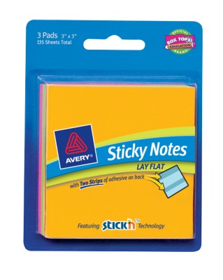 Lay Flat Sticky Notes, 3"x3", 3-Pack, Bright Colors, 45 sheets/pad 22594