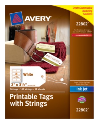 Printable Tags with Strings, InkJet, 2"x3-1/2", 8 up, 12 sheets 22802