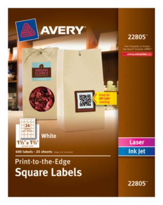 Square Label, White, Permanent, Inkjet/Laser 1-1/2"x1-1/2" 24 up, 25 sheets 22805