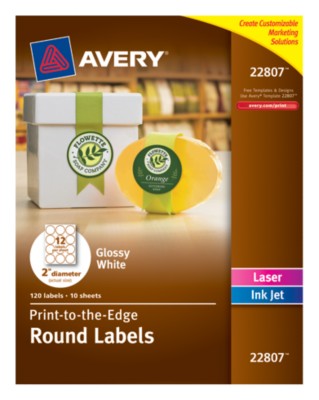 Easy Peel(R), Permanent, Glossy White Round Labels, Laser/InkJet, 2", Print-To-The-Edge 22807