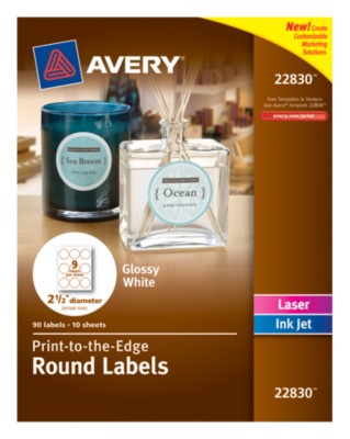 Glossy White Round Labels, 2-1/2", Laser/InkJet, Permanent, PTTE, 9up 10shts 22830