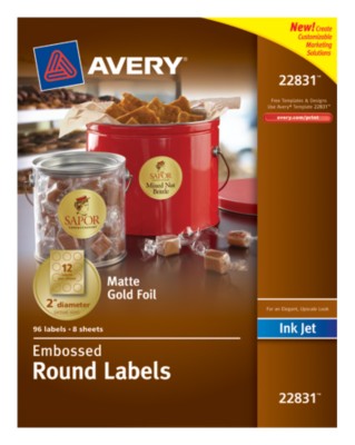 Gold Foil Embossed Round Labels, 2" diameter, InkJet, Permanent, 12up 8shts 22831