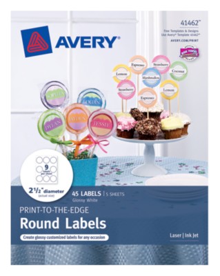 Glossy White PRINT-TO-THE-EDGE Round Labels, 9Up, 5 Sheets 41462