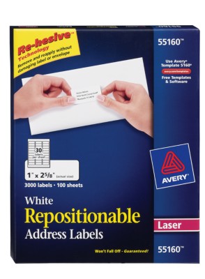 Repositionable White Address Labels, Laser, 30 Labels per Sheet, 100 Sheets 55160