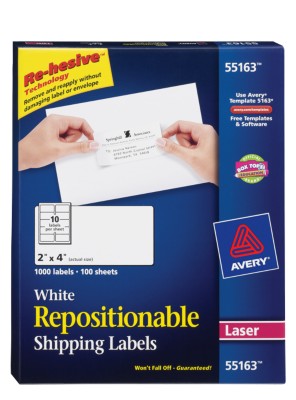 Repositionable White Shipping Labels, Laser, 10 Labels per Sheet, 100 Sheets 55163