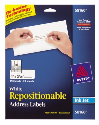 Repositionable White Shipping Labels, Ink Jet, 30 Labels per Sheet, 25 Sheets 58160