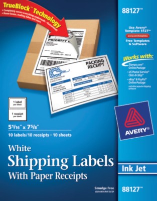 TRUEBLOCK WHITE SHIPPING LABEL WITH RECEIPT, INK JET, 10 SHEETS 88127