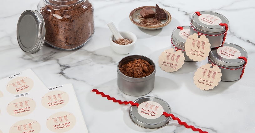 Mini cocoa kits in tins with round labels and printable tags