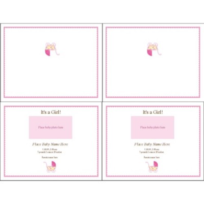 It's a Girl! Pink Baby Buggy Birth Announcement Note Card, 2 per sheet - Wide