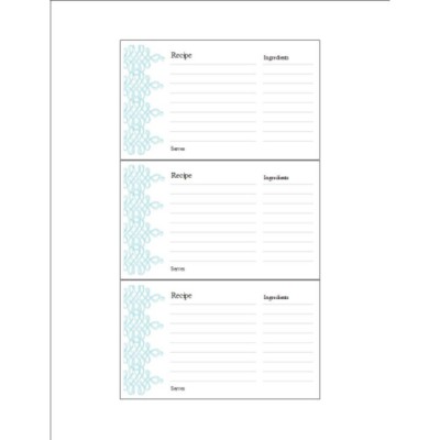 Turquoise Recipe Card on Postcards, 3 per sheet