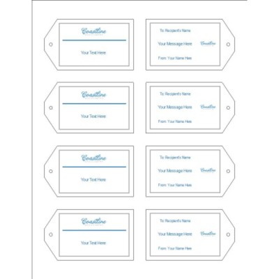 Simple Logo Blue text Printable Tags with Strings, 8 per sheet - Wide