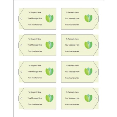 Green Blossom Printable Tags with Strings, 8 per sheet - Wide