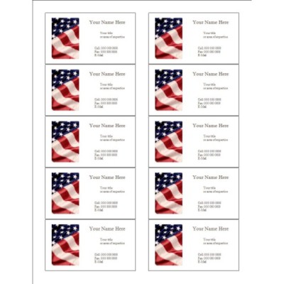American Flag Business Card, 10 per sheet (for glossy cards with center margin)