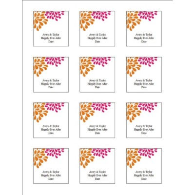 Wedding Shower Pink & Orange Flowers Square Labels, 12 per sheet