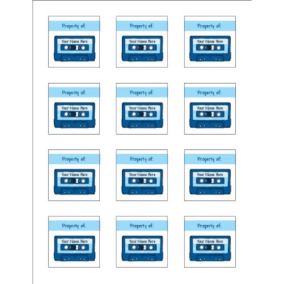 Blue Birthday Cassette Tape Square Label , 12 per sheet