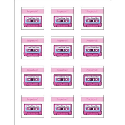 Pink Birthday Cassette Tape Square Label , 12 per sheet