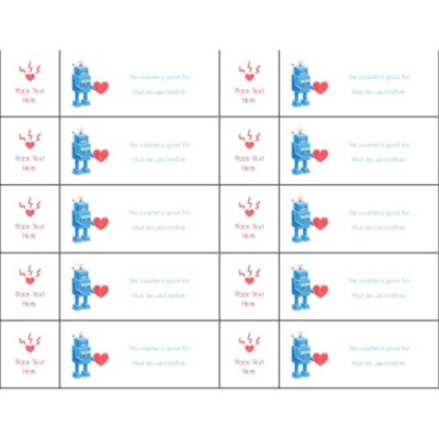 Valentine's Day Robot Tickets with Stub on Left, 10 per sheet