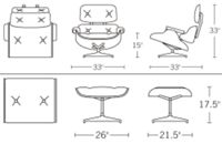 Chair, H 33; D 33; W 33; Seat H 15; Arm H 20.5; Ottoman, H 17.5; W 26; D 21.5;