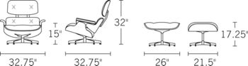 Chair, H 33; D 33; W 33; Seat H 15; Arm H 20.5; Ottoman, H 17.5; W 26; D 21.5;
