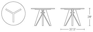H 28; Tabletop W 37.5;