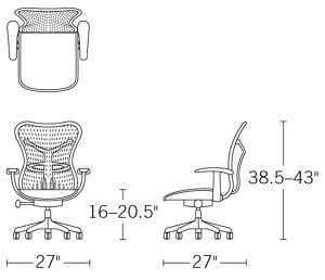 H 38.5-43; W 27; D 27; Seat Height 16-20.5; Seat Depth 16.9-18.9;