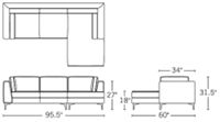 H 31.5; W 95.5; D 34; Chaise D 60; Arm H 26.75; Sofa Seat D 21; Chaise Seat D 46.75;