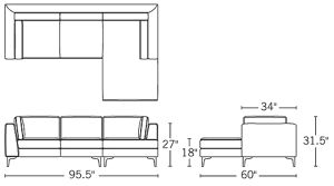 H 31.5; W 95.5; D 34; Chaise D 60; Arm H 26.75; Sofa Seat D 21; Chaise Seat D 46.75;