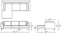H 31.5; W 95.5; D 34; Chaise D 60; Arm H 26.75; Sofa Seat D 21; Chaise Seat D 46.75;